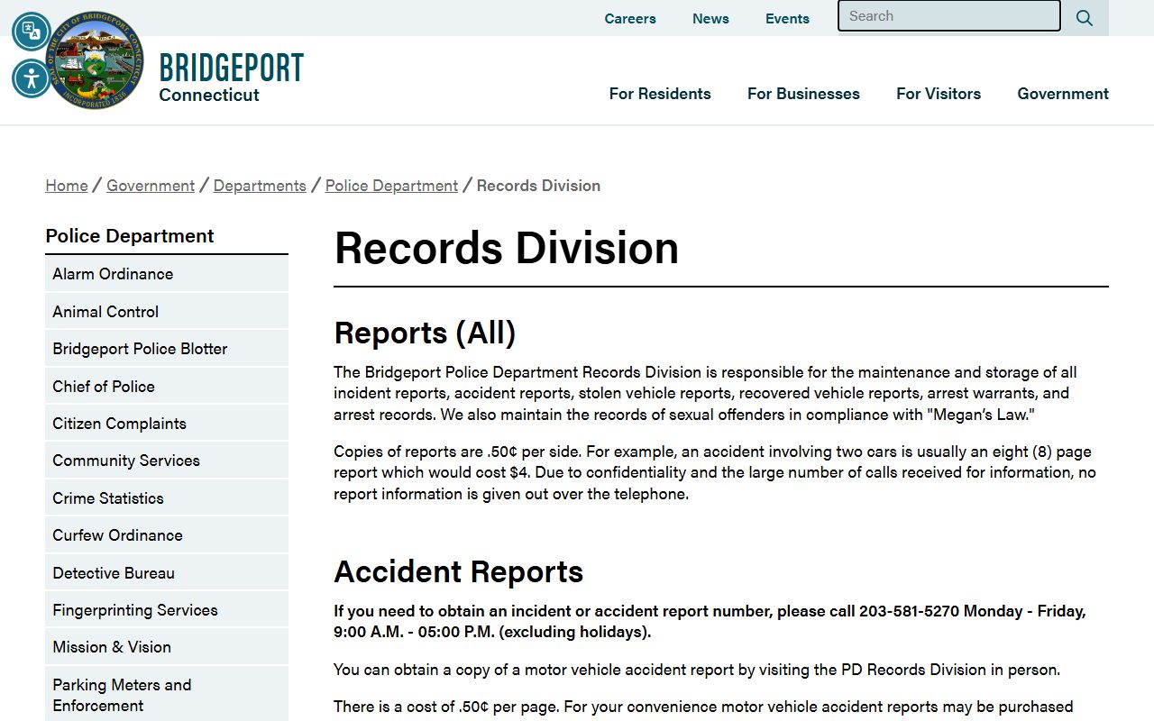 Bridgeport Police Department Records Division page for released inmates records