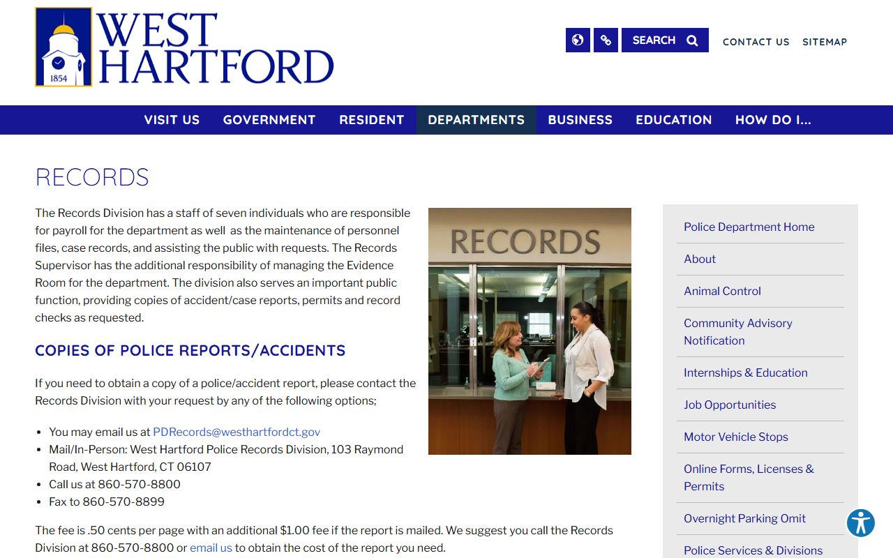 West Hartford police records page for released inmates