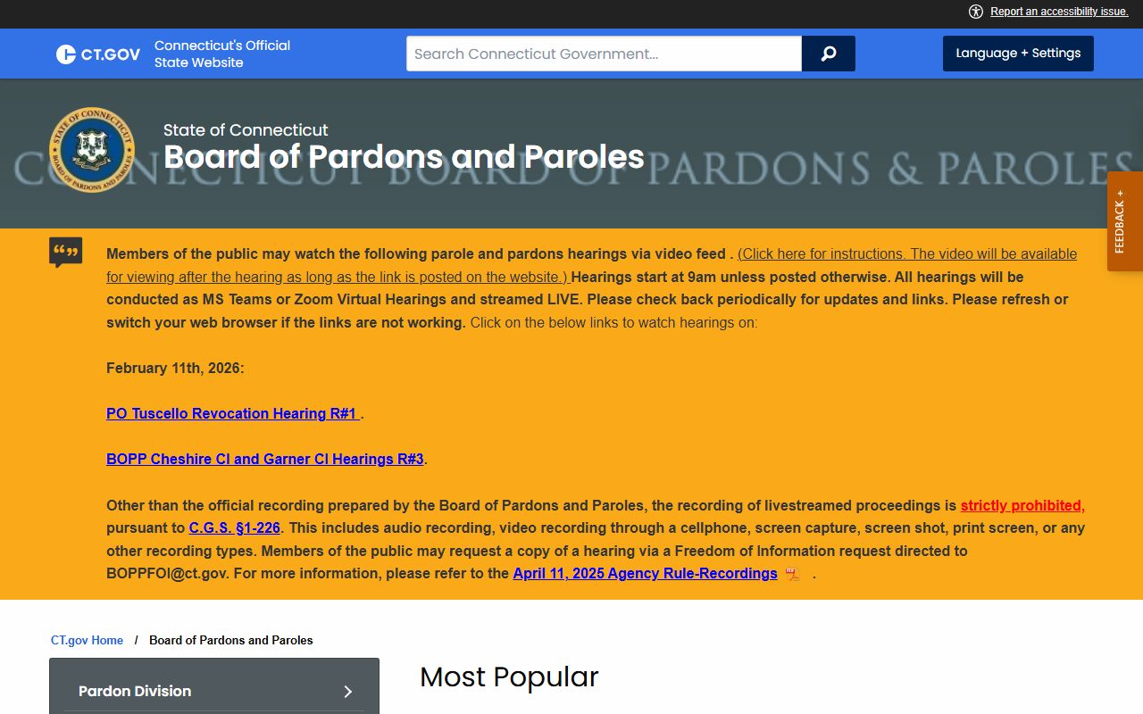Connecticut Board of Pardons and Paroles for released inmates