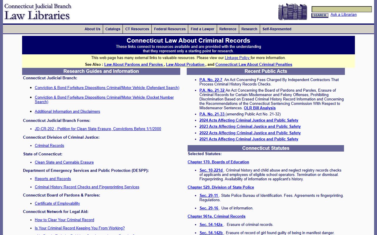 Connecticut criminal law library for released inmates research