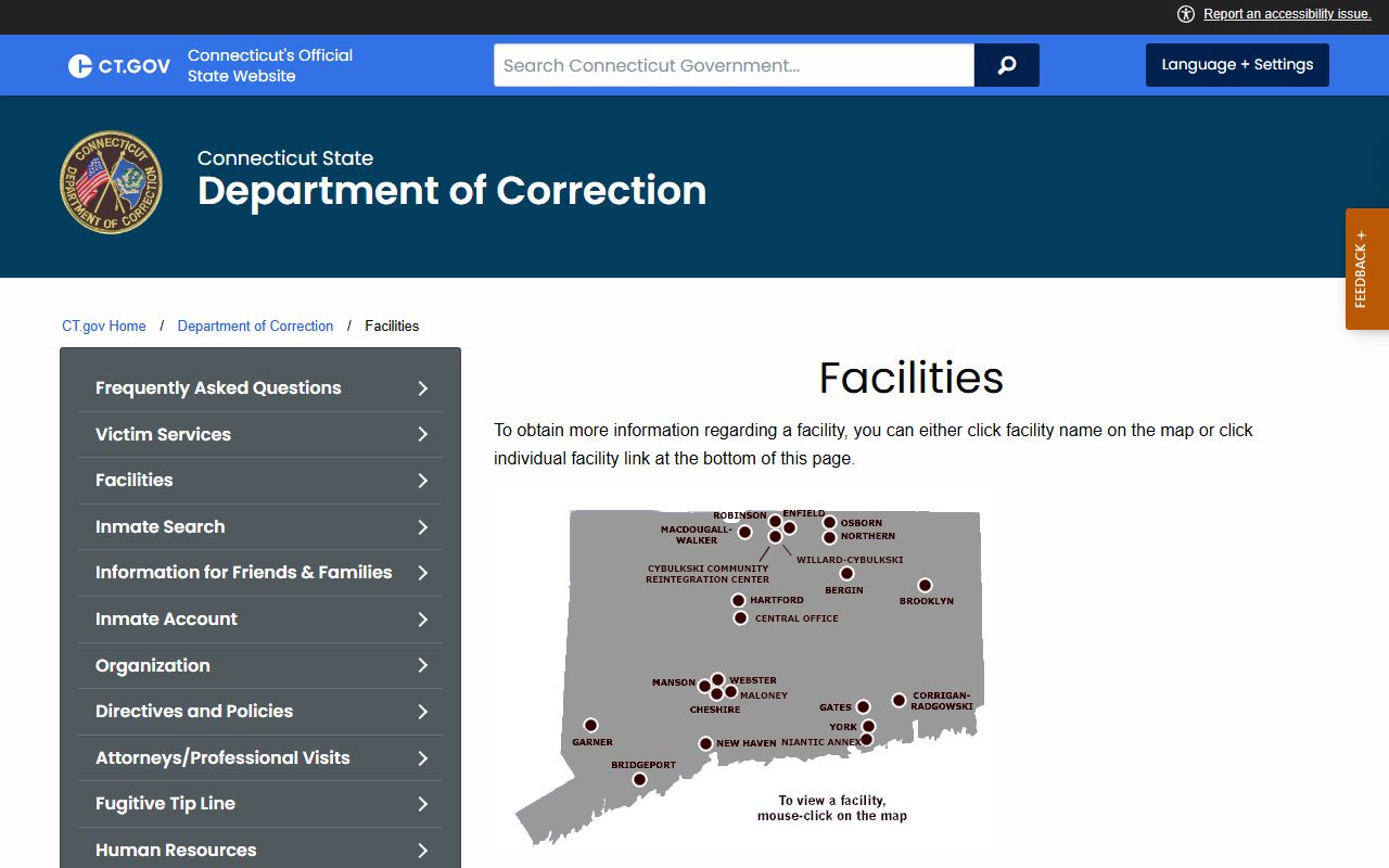 Connecticut DOC correctional facilities list for released inmates