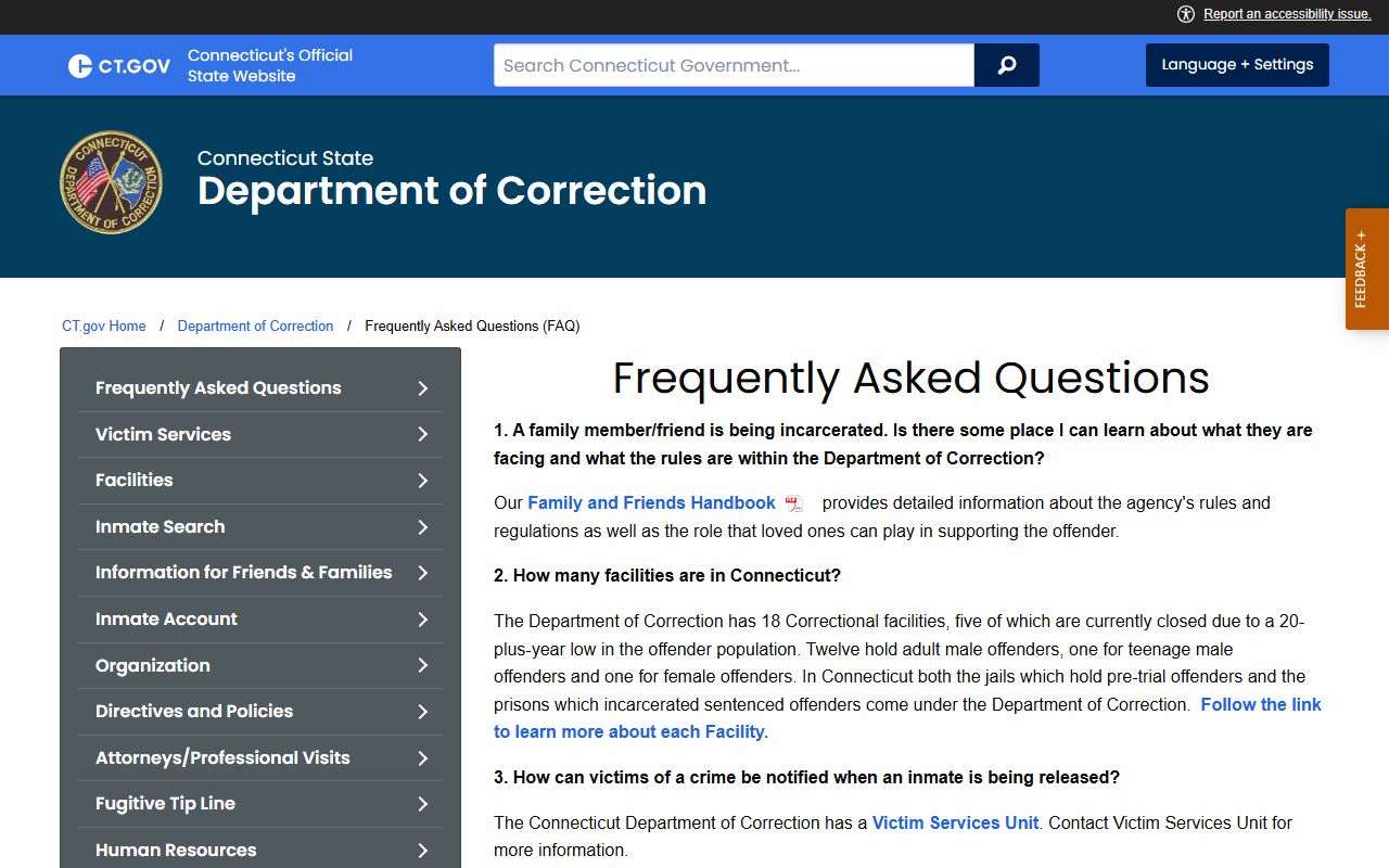 Connecticut DOC FAQ page about released inmates records