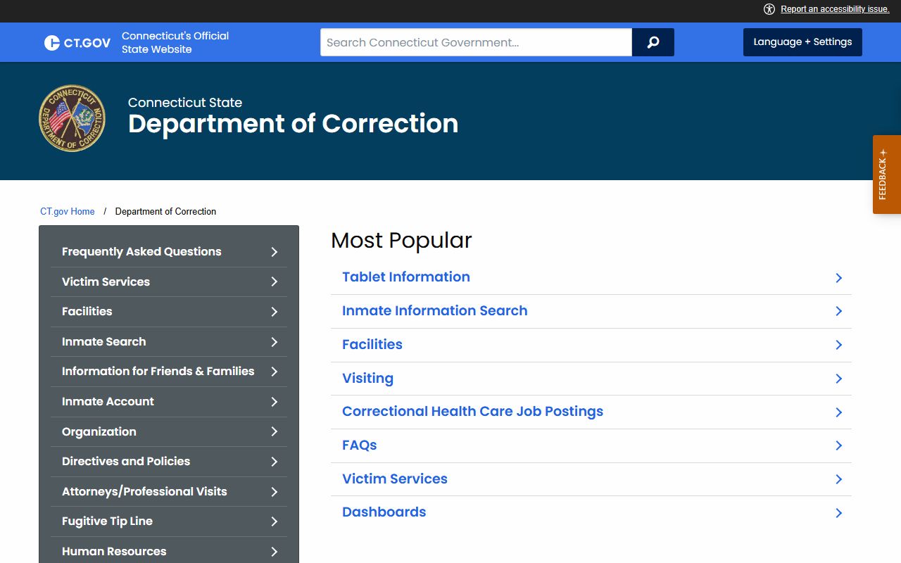 Connecticut DOC homepage for released inmates records