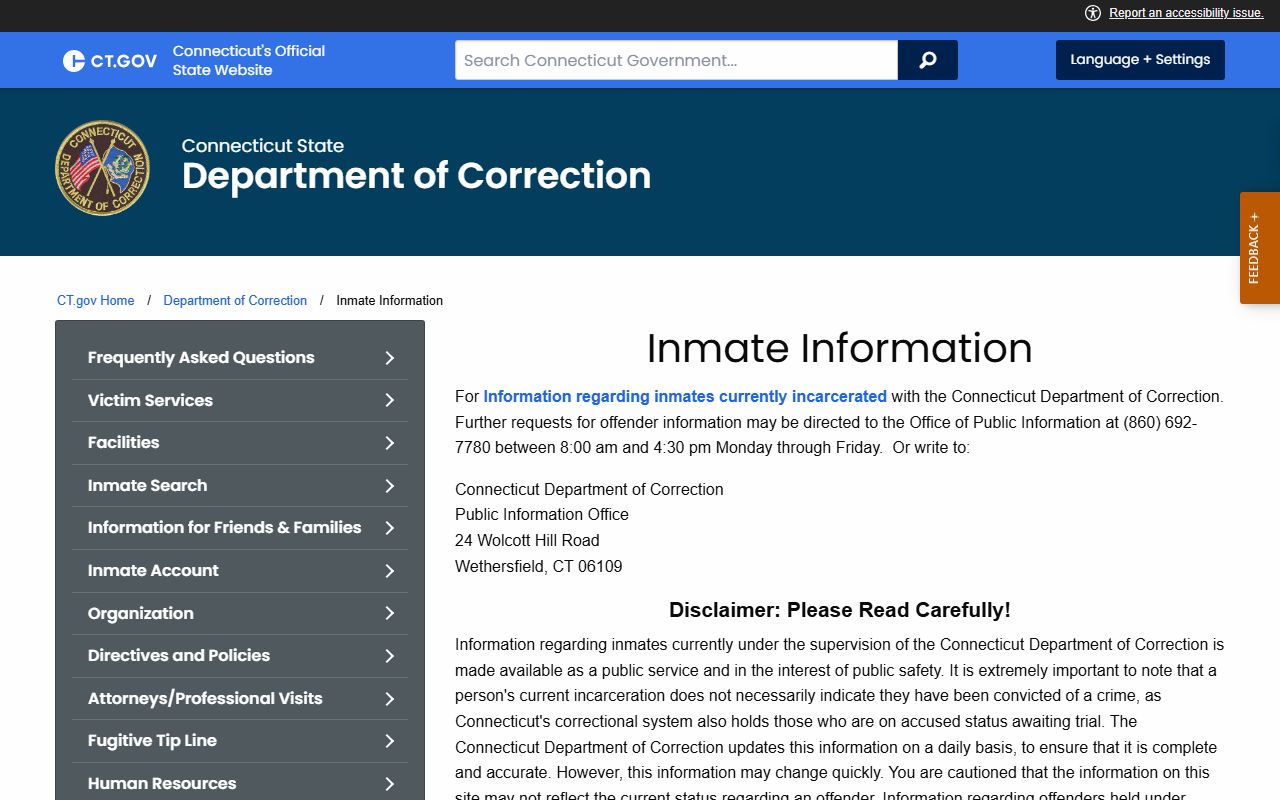 Connecticut DOC inmate information page for released inmates